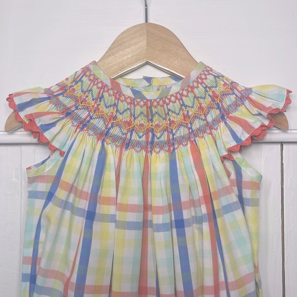 DELANEY NWOT Pastel Striped Smocked Ruffle Ric Rac Sleeve Bubble - Picture 2 of 2
